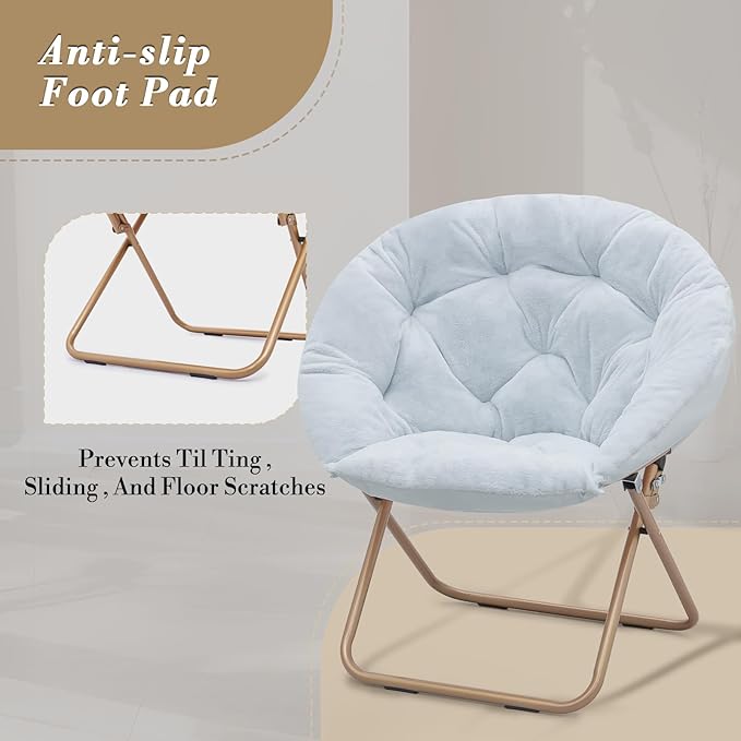 Athena Collection Saucer Chair with Ottoman Comfy Chair for Bed Room Living Room Folding Round Cozy Chair Faux Fur Metal Frame Foldable Lazy Chair Accent Chair Reading Chair Set of 2, Blue