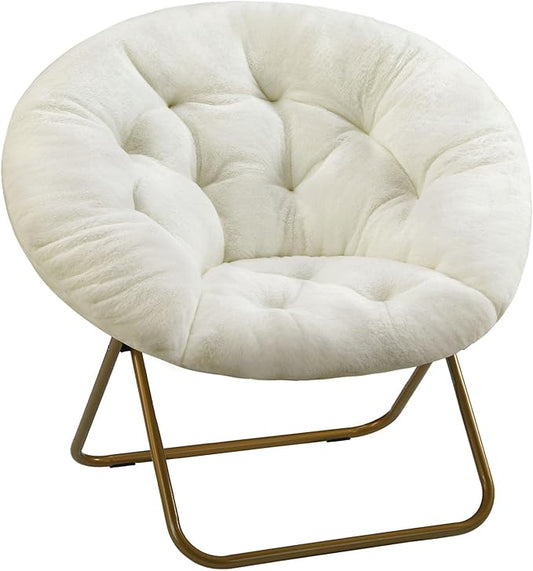 DUMOS Saucer Chair for Adults, Teens, Faux Fur XL Circle Chair for Bedroom, Dorm & Gaming, Foldable Comfy Accent Seat for Small Spaces, Oversized Style Thick Padded Meatal Frame, Ivory