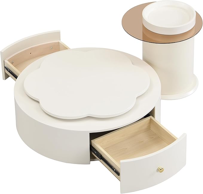 27.5" Modern Round Swivel Coffee Table Set of 2, 360° Rotating Flower-Shaped Center Table with 2 Drawers & Side Tables,MDF Frame Glass Top End Tables for Living Room,Milky White