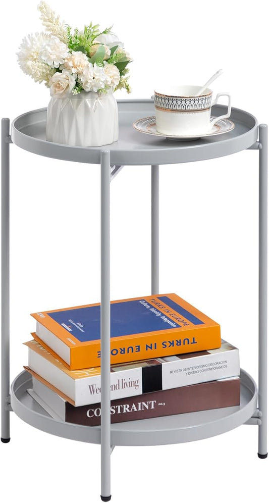 HollyHOME 2-Tier Round Side Table, Outdoor Small Folding Accent Stand with Removable Tray, Anti-Rust Metal Asional Table for Balcony Patio Living Room, Nightstand for Bedroom(Grey)