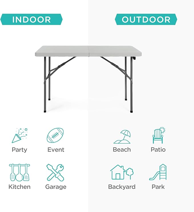 Best Choice Products 4ft Plastic Folding Table, Indoor Outdoor Heavy Duty Portable w/Handle, Lock for Picnic, Party, Camping - Light Gray