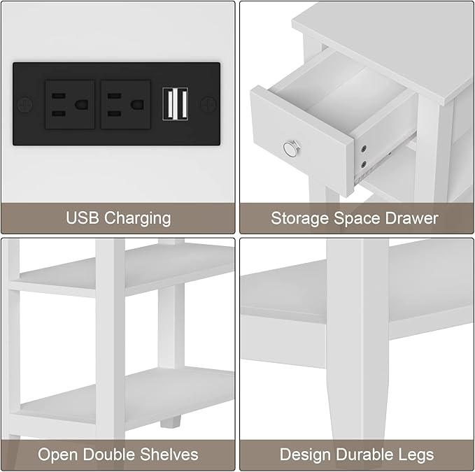 ChooChoo Narrow End Table with Charging Station, Side Table Living Room with USB Ports & Power Outlets and Hidden Drawer, 3-Tier Skinny Nightstand with 2 Open Storage Shelves for Small Place (White)