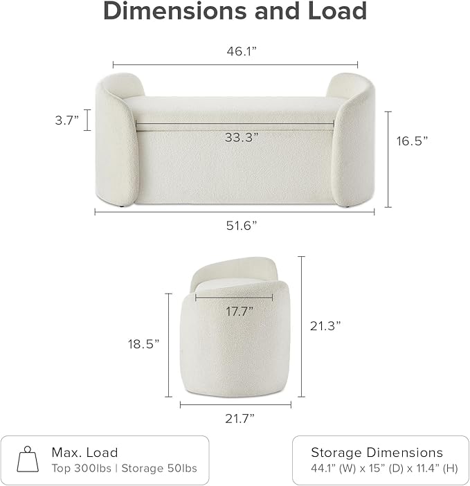 mopio Sophie 51" Ottoman Storage Bench, Entryway and Window Seating, End of Bed Curved Stool for King & Queen Bed, Storage Chest for Bedroom (Pearl White Boucle)