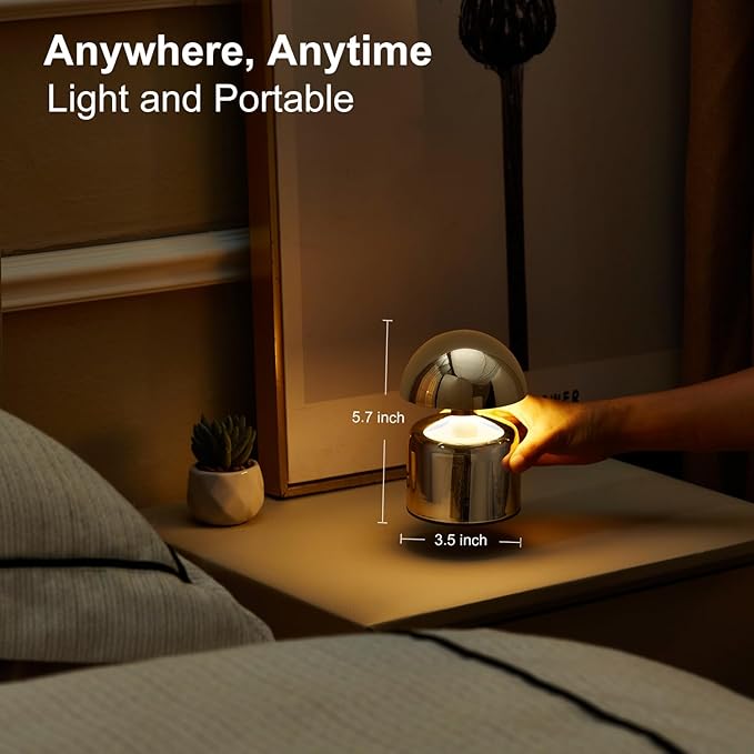 Modern Cordless Mushroom Small Table Lamp Touch LED Lamp, 3-Way Dimmable Bedside Nightstand Lamp Mini Rechargeable Night Light for Bedroom, Living Room