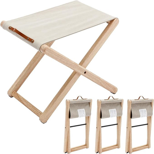 Folding Camping Stools Set of 4, Canvas Folding Stool with Wood Legs Portable Camp Stool Chairs for Outdoor Fishing Picnic Travel BBQ, Beige