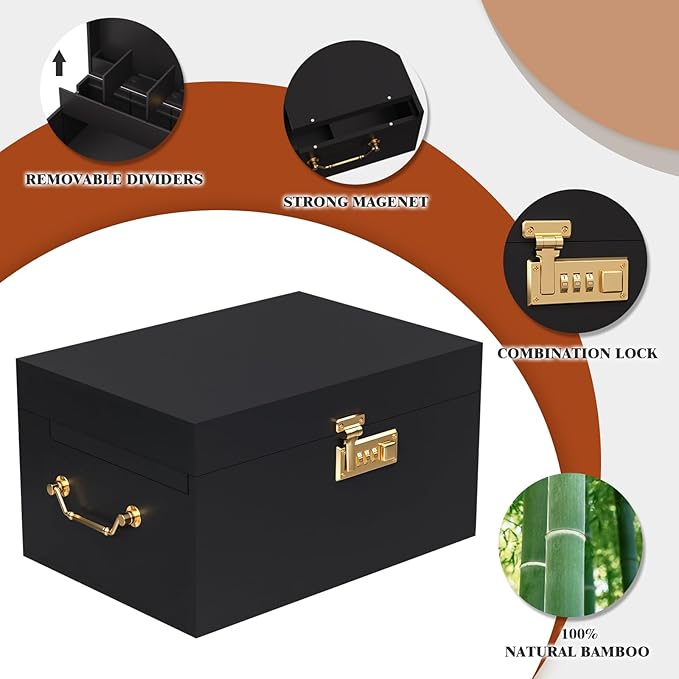 Lockable stash box with rolling tray – Premium bamboo box organizer with grinder, jars & brushes | Stylish wooden stash boxs, spacious Storage Box, great large stash box for home,Holiday Gift