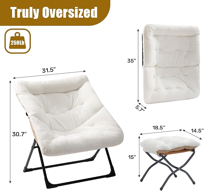HollyHOME X-Large Saucer Chair with Foldable Ottoman, Comfy Oversized Folding Chair and Folding Footrest Stool Set, Faux-Fur Reading Chair and Footstool for Living Room, Bedroom, White Chair&Stool