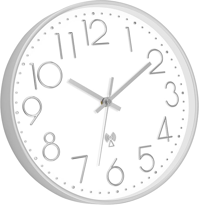 Foxtop Atomic Wall Clock Battery Operated Round Analog Modern Wall Clock Sets Automatically for Office Classroom Bedroom Kitchen Living Room (Silver)