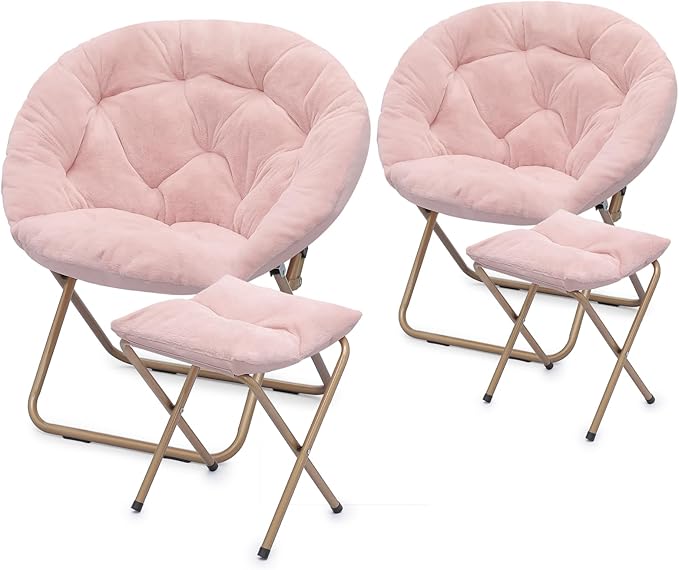 Athena Collection Saucer Chair with Ottoman Comfy Chair for Bed Room Living Room Folding Round Cozy Chair Faux Fur Metal Frame Foldable Lazy Chair Accent Chair Reading Chair Set of 2, Pink