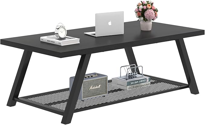 FOLUBAN Black Coffee Table, Modern Rustic Wood and Metal Living Room Table with Storage Shelf, Industrial Rectangle Cocktail Tea Table, 47 Inch