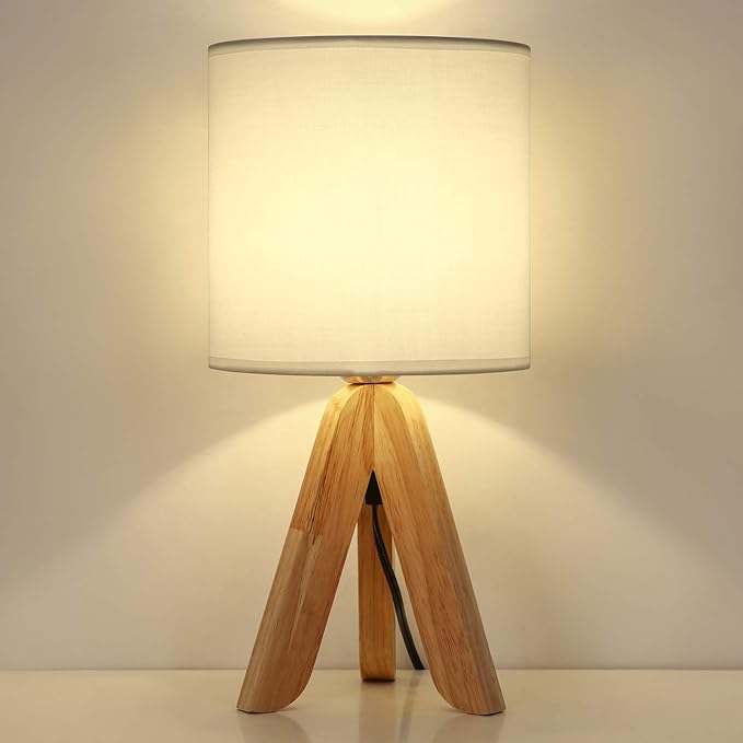 HAITRAL Small Bedside Table Lamp - Wooden Tripod Nightstand Lamp for Bedroom, Living Room, Office, Farmhouse, Home with Fabric Shade, White