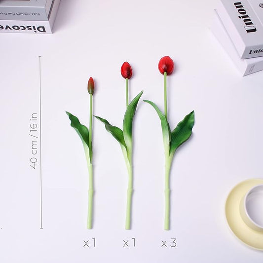 16-inch Premium Real Touch Fake Tulips, Artificial Flowers with Buds, Flexible Stem Easy to Shape, Faux Tulips (Vase not Included), 5-Pack Set of Passion Red