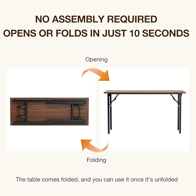 TEMI Long Computer Desk Folding Table - 55.1" Foldable Office Desk, No Assembly, Perfect Writing Table for Bedroom, Dorm, or Apartment, Portable Large Desk or Study Table with Compact Design, Walnut
