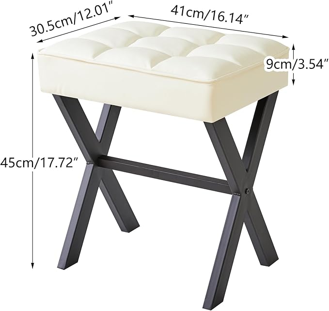 IBUYKE Square Makeup Stool with X-Leg Foot Rest, PU Footrest, Ottoman Seat Vanity Stool, Multi-Use as Small Side Table, for Bedroom, Living Room, White LG-71W