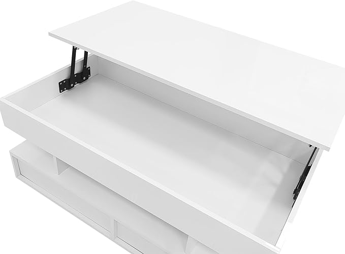 Lift Top Coffee Table with 2 Drawers and LED Lights, Modern 39.3" Rectangular High-Gloss Center Table Cocktail Tea Table with Lift-Top and Hidden Space for Living Room Apartment White