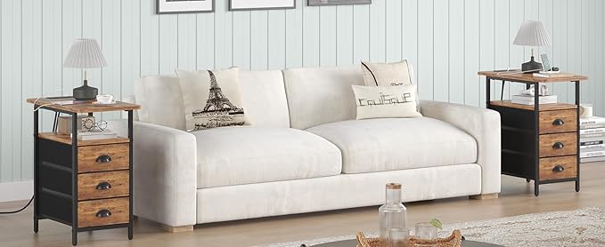 End Table with Charging Station, Side Tables Livingroom with USB Ports and Outlets,Narrow Nightstands Bedside Tables with 3 Drawers for Small Space,Slim Sofa Table Bedroom,Rustic Brown