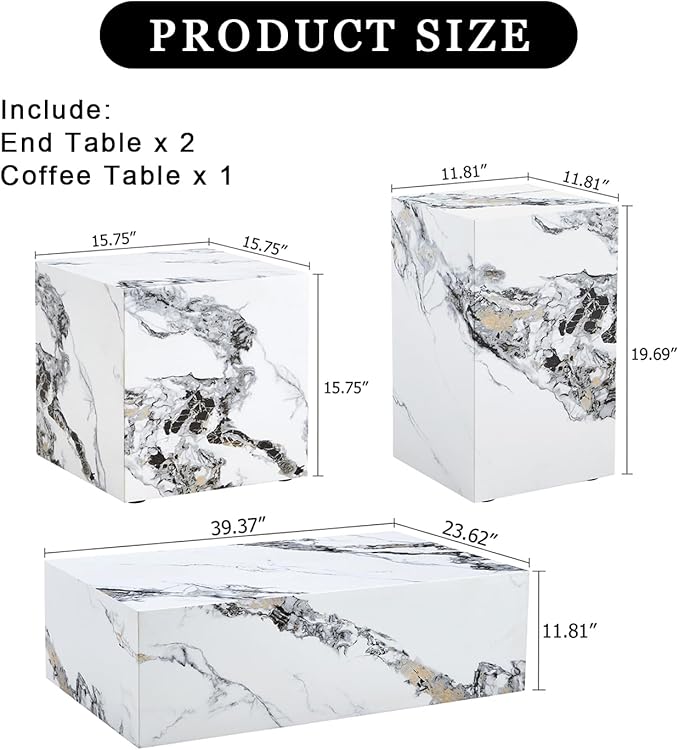 3 Pieces Living Room Sets Coffee Table, Side Table, End Tables for Apartment, Home Office, Small Space, Easy Assembly, White