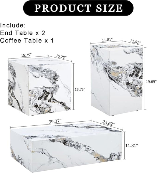 3 Pieces Living Room Sets Coffee Table, Side Table, End Tables for Apartment, Home Office, Small Space, Easy Assembly, White