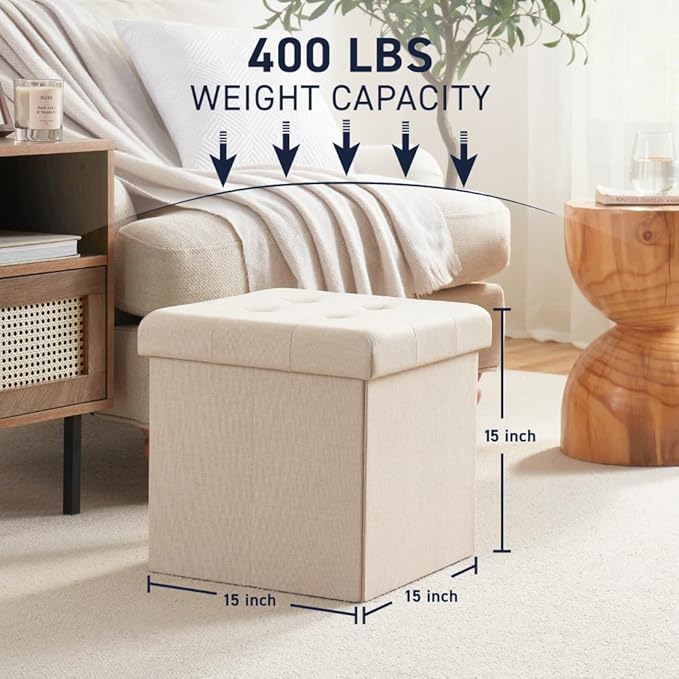 Ornavo Home 15 Inch Folding Storage Ottoman, Square Small Storage Foot Rest Stool, Bedroom Bench - Beige