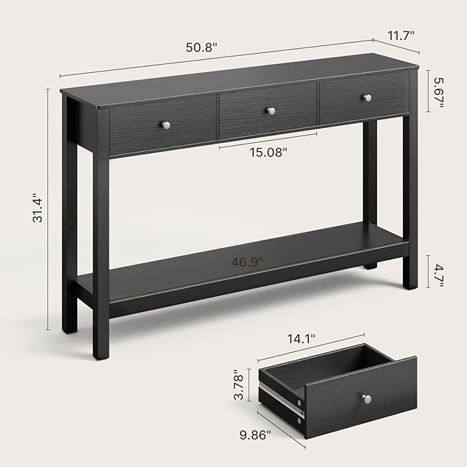 Gizoon 3 Drawer Wooden Sofa Table with Open Shelf, Modern Accent Console Table with Metal Round Handles, Large Storage Space, for Living Room, Front Hall, Entrance Hall, Study Room, Black