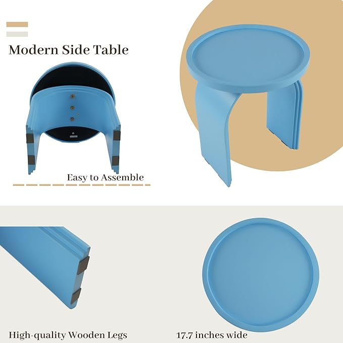 17.7”Wide Modern Side Table, Blue Wooden End Table, Round Accent Table for Small Spaces, Bedside, Couch Side, Narrow Nightstand for Living Room