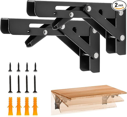 JOY DECOR 6 Inch Heavy Duty Folding Shelf Brackets, 2 Pack (1 Pair) Collapsible Wall Mounted Brackets for Fold Down Table, Stainless Steel Folding Table Hinge, Matte Black