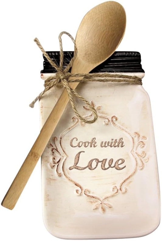 Young's Inc. Ceramic Spoon Rest - 8'' H X 4'' W - Ceramic Holder w/Spoon - Farmhouse Kitchen Décor