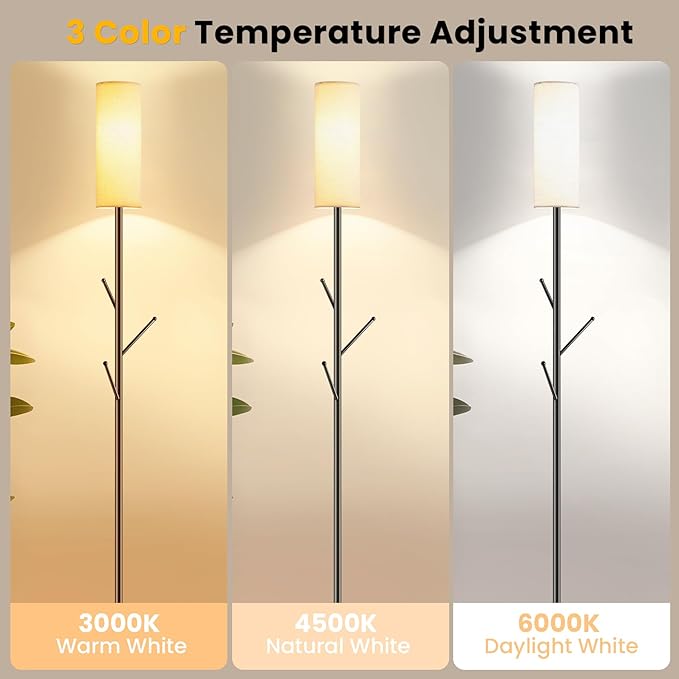 Tall Floor Lamp for Living Room,Modern Standing Lamp with 3 Hooks Clothes Rack,Multi-Functional Floor Light with 9W LED Bulb,Adjustable Color Temperature,Dimmable Floor Lamp for Bedroom Office