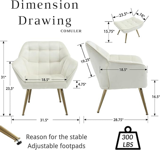 Beige Velvet Accent Chair with Ottoman ，Modern Reading Chair with Ottoman Set, Comfy Fuzzy Armchair Living Room Chair Lounge Chairs with Metal Legs for Small Spaces Bedroom Apartment