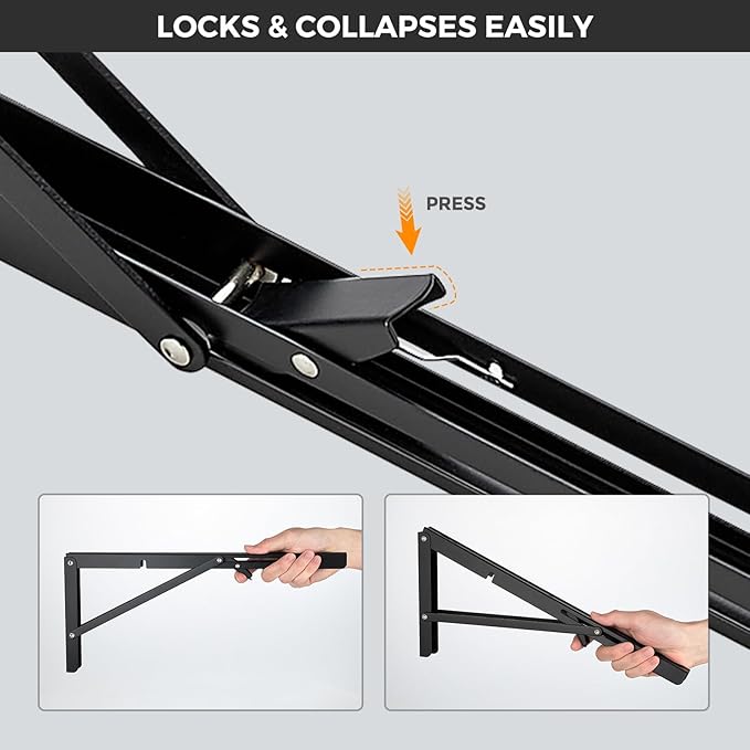JOY DECOR 14 Inch Heavy Duty Folding Shelf Brackets, 2 Pack (1 Pair) Collapsible Wall Mounted Brackets for Fold Down Table, Stainless Steel Folding Table Hinge, Matte Black