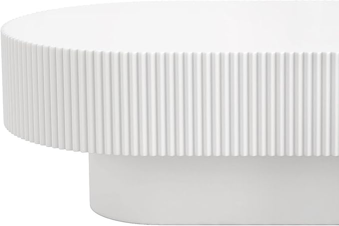 43.3" Oval Wood Coffee Table Modern White Fluted Coffee Tables for Living Room Drum Coffee Table with Sturdy Pedesta Circular Center Table for Apartment Living Room,Easy Assembly, White