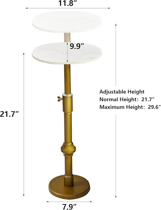 Adjustable-Height Drink Table, Marble Pedestal Side Table, Modern Round End Table, Cocktail Accent Table with Metal Brass Base, Small Side Table for Small Spaces (White)