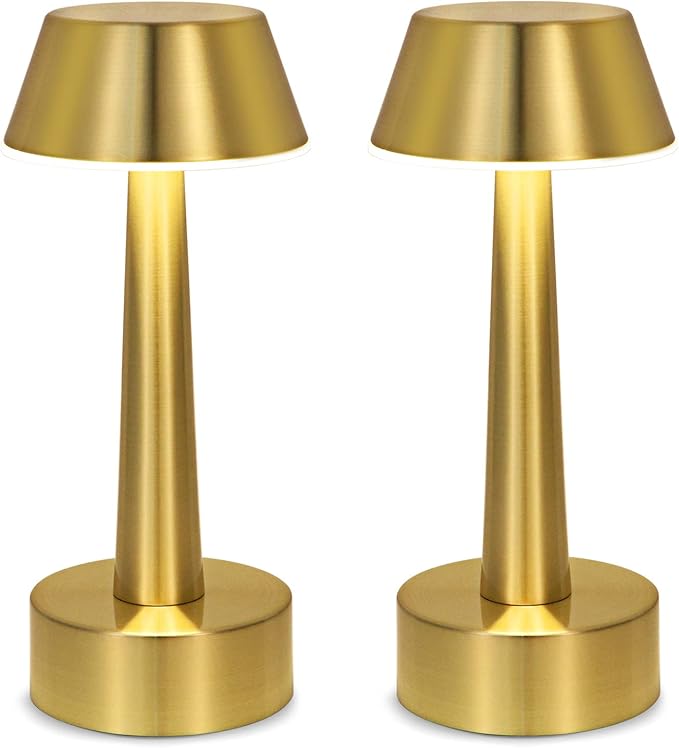 UMEXUS 2 Pack Rechargeable Small Cordless Table Lamp, LED Battery Operated Touch 3 Color Dimming Bedside Nightstand Desk Lamps Metal Portable Night Lights for Bedroom Bar Restaurant Outdoor Gold