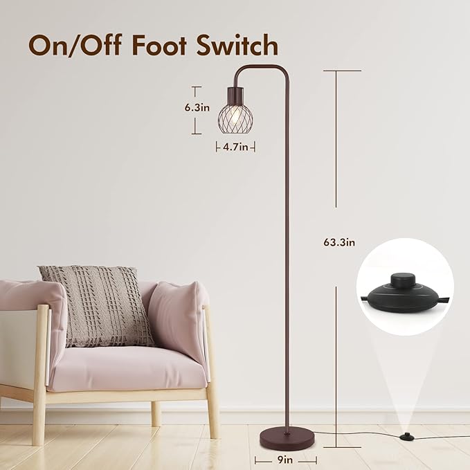 Industrial Standing Lamp with 6W LED Bulb, Foot Switch - Modern Metal Lamp for Living Room, Bedroom, Office - Vintage Rustic Minimalist Farmhouse Stand Up Lamps Brown