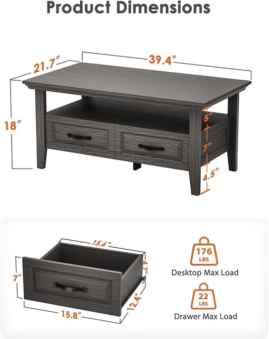 Amada Coffee Table for Living Room, 39.4" Small Coffee Table with Storage, Modern Coffee Tables Open Display Shelf and Hidden Drawers, Farmhouse Wood Center Table Decor Ideal for Home Office, Gray