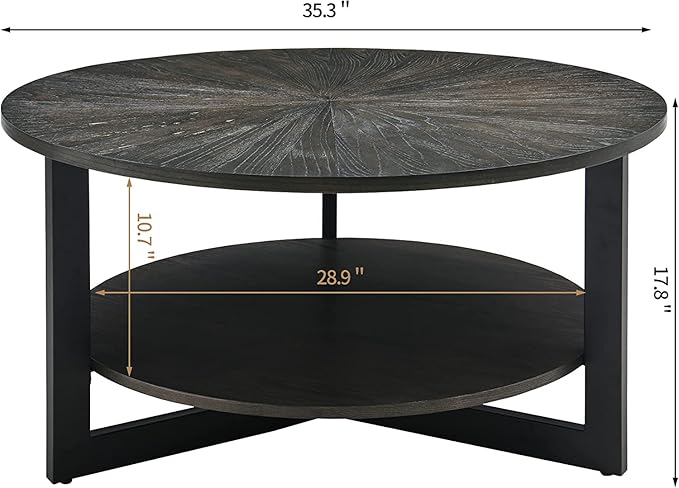 Round Coffee Table with Storage Shelf, 33.5in Circle Accent Center Table with Black Metal Legs, 2-Tier Industrial Cocktail Table for Living Room, Black-1338BK