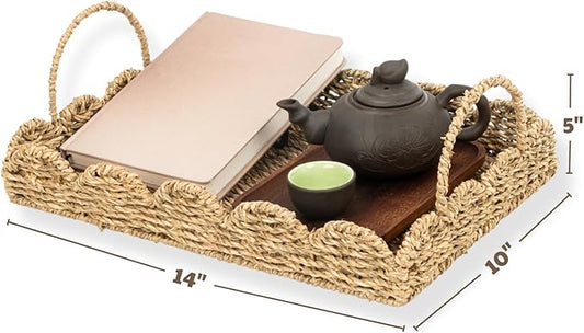 14" Handmade Wicker Tray with Scalloped Edge, Seagrass Basket with Handles, Decorative Boho Accent for Coffee Table or Ottoman, Holiday Serving