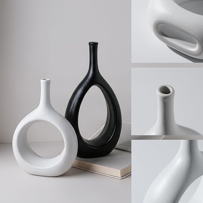 Ceramic Vase Set of 2, Modern Minimalist Boho Hollow Flower Vases, Decorative Vase for Home Decor, Living Room, Bedroom, Bookshelf, Entry Table, Kitchen and Dining Table