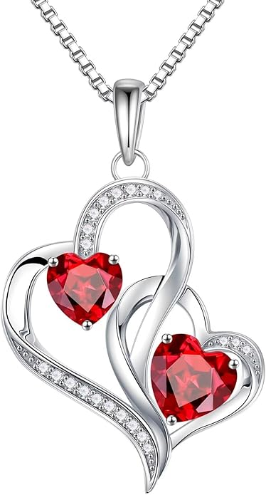 Iefil Christmas Gifts for Women - Double Heart Birthstone Necklace, 925 Sterling Silver Heart Pendant Necklace, Anniversary Birthday Gifts for Women | Personalized Jewelry Gift for Wife Mom Girlfriend