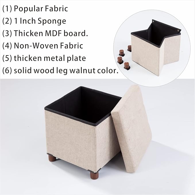 15 Inch Storage Ottoman with Wooden Legs - Cube Foot Rest Stool, Square Footstool, Comfortable Seat with Lid, Foldable Fabric Ottoman, Space-Saving Beige