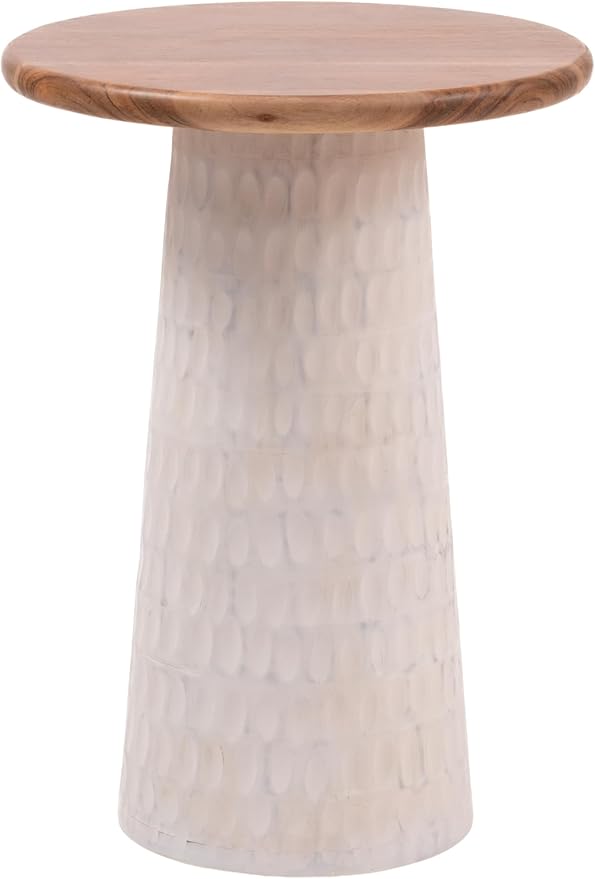 Mid-Century Farmhouse Design Hand-Carved Pedestial Solid Mango Wood Accent Drink Table, Small Round Side Table with Round Natural Top for Living Room, Bedroom or Entryway, White, Assembled