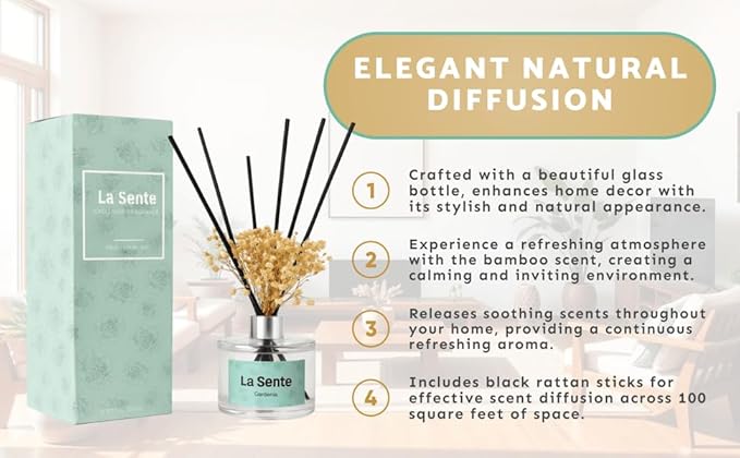 Reed Diffuser Set, Glass Bottle with Black Rattan Sticks, Dried White Flowers, 6.7fl oz, 200ml (Gardenia)