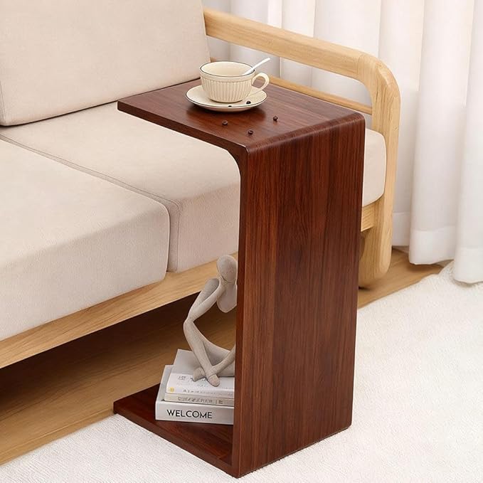 CHSSIH C Shaped End Table for Couch - Wooden Sofa Side Table, Slide Under Couch Table for Living Room, Bedroom, Laptop, Coffee, Small Space Narrow Furniture, Walnut