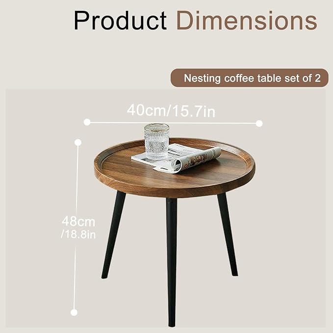 Jessie Small Round Coffee Tables,40x40x48cm Mid Century Modern Nesting Tables,Easy Assembly Circle Walnut Coffee Tables with Non-Slip Feet,Nesting Coffee Table for Living Room Balcony Yard