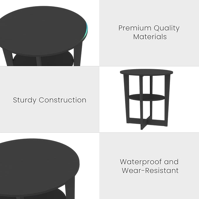 Living Room End Table Set of 2, Small Coffee Table, Wooden Side Tables with 2-Tier Open Storage for Small Spaces, Apartment Home Office, Black