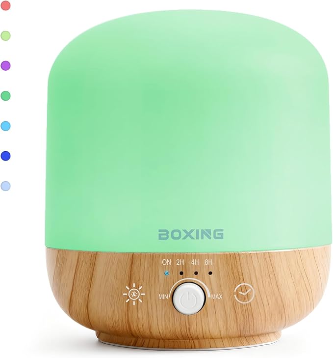 BOXING 300ML Essential Oil Diffuser, Diffusers for Home&Large Room, Aromatherapy Diffuser with 7 Colors Night Light Perfect for Bedroom Baby, Stepless Knob Control,Timer,Quiet,Auto Shut Off,White&Wood