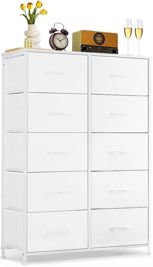 10-Drawer Dresser for Bedroom, Anti-Tip Tall Storage Organizer Chest of Drawers with Wooden Top and Metal Frame Fabric Bins for Closet, Living Room, Hallway, Entryway, White