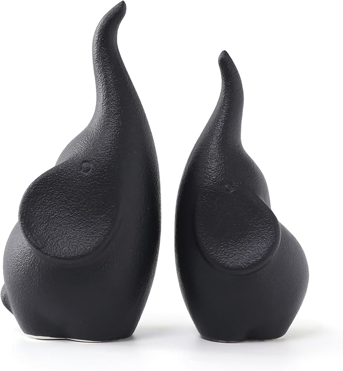 Ceramic Elephant Figurines with Trunk Up, Pair Couples Loving Elephant Statue, Small Figurines Sculpture African Home Decor, Valentine Elephants Gifts for Women, Wedding Knick Knacks（Black）