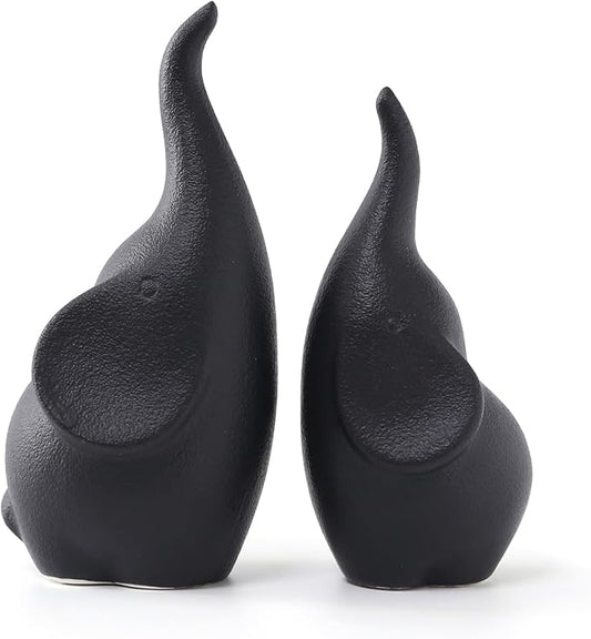 Ceramic Elephant Figurines with Trunk Up, Pair Couples Loving Elephant Statue, Small Figurines Sculpture African Home Decor, Valentine Elephants Gifts for Women, Wedding Knick Knacks（Black）