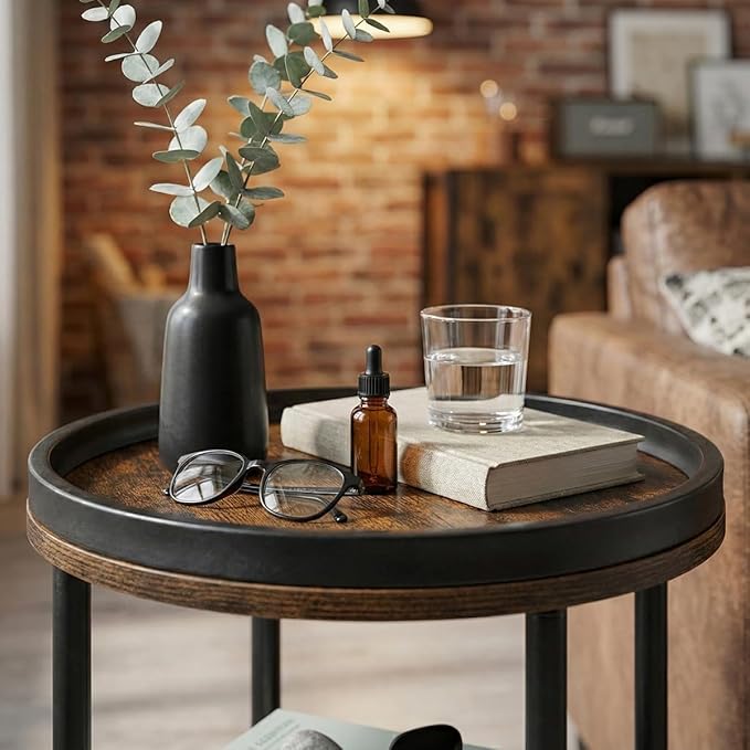 Small Round Side Table with Tray Top (Patented Design), 11.8" Narrow End Table for Small Spaces, 3-Tier Industrial Nightstand, Original Rustic Accent Furniture for Living Room Bedroom, Rustic Brown